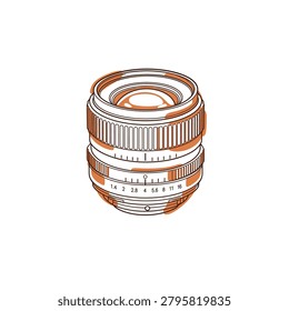 Flat continuous line drawing of an isolated manual camera prime lens with terracotta color blocking accents