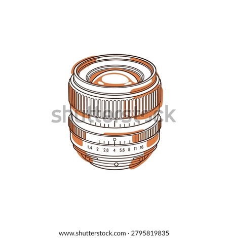 Flat continuous line drawing of an isolated manual camera prime lens with terracotta color blocking accents