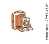 Flat continuous line graphic of an isolated medium format folding camera with offset terracotta color patches