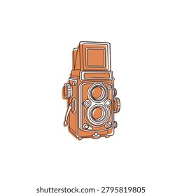 Flat continuous line graphic of an isolated vintage Twin Lens Reflex TLR camera with terracotta color patches