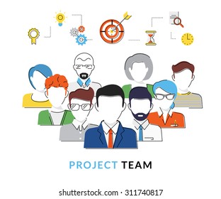 Flat contour conceptual illustration of the project team avatars with business icons over them
