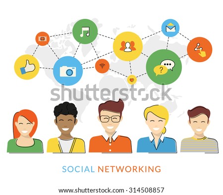 Flat contour conceptual illustration of young smiling people and social networks symbols