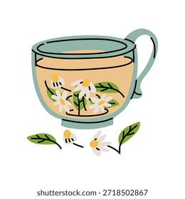 Xícara de contorno plano de chá de camomila herbal com flores delicadas. Um vidro colorido. Bebida de inverno calma para menus de café de bem-estar, cartões de felicitações de férias ou materiais de design gráfico sazonal
