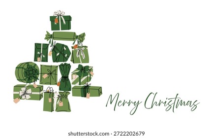Cajas de regalo verdes de contorno plano dispuestas en forma de árbol de Navidad con letras de Navidades felices. Tarjeta de felicitación festiva de las vacaciones para la celebración del invierno, los carteles estacionales, o los materiales de la comercialización
