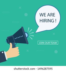 Flat contour illustration of human hand holding megaphone with hire announce on the bubble speech we are hiring