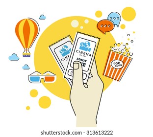 Flat contour illustration of human hand holds two cinema tickets. Text outlined 