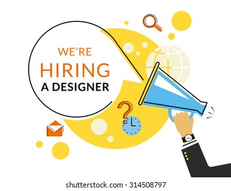 Flat contour illustration of human hand holding megaphone with hire announce on the bubble speech we are hiring. Template design to hire alert and recruit creative people via megaphone announce voice