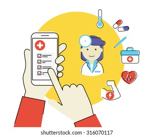 Ilustración plana de la mano humana sostiene smartphone blanco con aplicación móvil médica y una doctora con iconos relacionados con la atención médica
