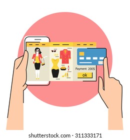 Flat contour illustration of mobile app for women online shopping of fashion dress