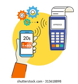 Flat contour illustration of mobile payment via smartphone using wireless technologies.