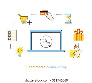 Flat contour illustration of online shopping with open laptop blank and commercial icons for the internet purchasing, payment and delivering goods to the client