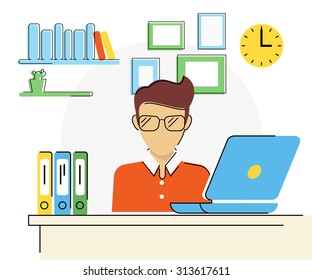 Flat contour illustration of young man is working with laptop at home