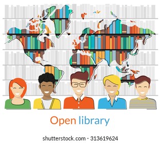 Flat contour illustration of young people are visiting a library. Text outlined. Free font Lato