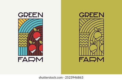 The flat contour logo of the green farm, the emblem of environmental friendliness and naturalness.