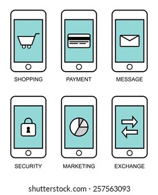 Flat contour modern smart phones with different user interface elements on white background, vector