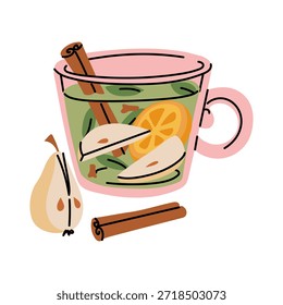 Taza plana del contorno de la bebida caliente de la pera con los palillos de la canela y el anís estrellado. Un vaso de color. Bebida de invierno acogedora para menús de cafetería, tarjetas de felicitación de vacaciones o materiales de Diseño gráfico de temporada