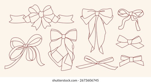 Сollection of flat contour ribbon bows doodle hand drawn icon, element. Outline drawing Christmas bow for gift wrapping, frame, present. Сlipart on white background. Isolated Vector EPS10