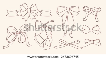 Сollection of flat contour ribbon bows doodle hand drawn icon, element. Outline drawing Christmas bow for gift wrapping, frame, present. Сlipart on white background. Isolated Vector EPS10