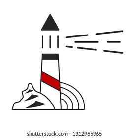 flat contoured lighthouse on a rock washed by water vector illustration