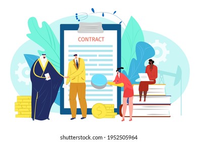 Flat contract concept, business agreement and partnership, vector illustration. Man woman people character make success deal. Businessman partner