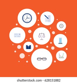 Flat Contract, Diagram, Cogwheel And Other Vector Elements. Set Of Business Flat Symbols Also Includes Statistics, Post, Office Objects.