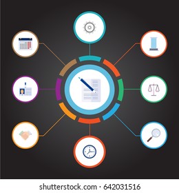 Flat Contract, Handshake, Id Card Vector Elements. Set Of Job Flat Symbols Also Includes Handshake, Time, Partnership Objects.
