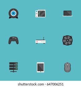 Flat Control Device, Web Cam, Joystick And Other Vector Elements. Set Of Notebook Flat Symbols Also Includes Ventilator, Camera, Router Objects.