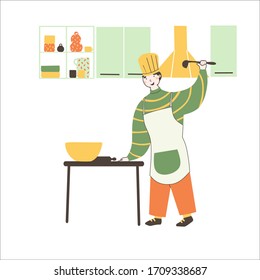 Flat cook character kitchen in cartoon style. Happy Family Characters Routine.