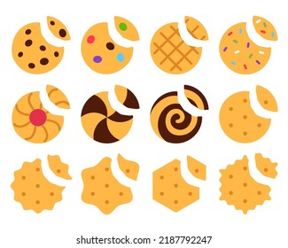 Flache Kekse einzeln auf weißem Hintergrund. Geschmackvoll gebackene Kekse Sammlung Zeichen Design. Traditionelles, knuspriges Greifelement. Oatmehl-Schokoladenkrebs bestreut Plätzchenbeiß, Vektorgrafik