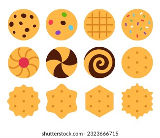 Flat cookies set isolated on white background. Yummy baked biscuit collection element design. Traditional crispy treat sign. Oatmeal chocolate cracker sprinkles cookie Minimal food vector illustration