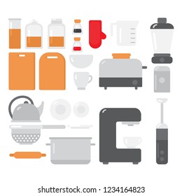 Flat Cooking equipment set. Chef design elements and tools icons. Kitchen dishes and appliances vector illustration