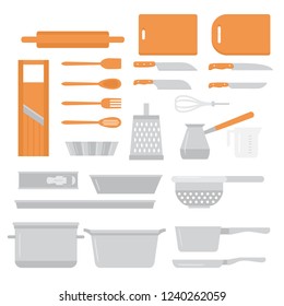 Flat Cooking equipment set. Chef design elements icons. Kitchen dishes baking tools, knifes and pans vector illustration.