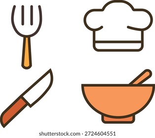 Cozimento plano e conjunto de ícone de cozinha, incluindo chapéu de chef, faca, garfo e tigela de mistura. Simples ícones coloridos vetoriais para menu de restaurante, aplicativo de receita, design culinário e projetos relacionados à comida.
