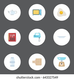 Flat Cooking Notebook, Kitchen Measurement, Teapot And Other Vector Elements. Set Of Food Flat Symbols Also Includes Breadboard, Spice, Weight Objects.