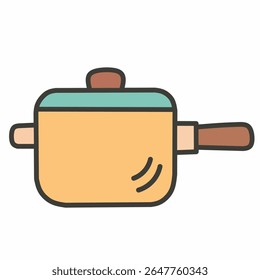 Flat cooking pot icon with lid in hand-drawn style. Ideal for culinary illustrations, cozy kitchen sets, or soup and stew recipe visuals.