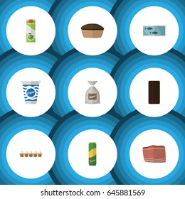 Flat Cooking Set Of Beef, Confection, Eggshell Box And Other Vector Objects. Also Includes Custard, Canned, Bag Elements.