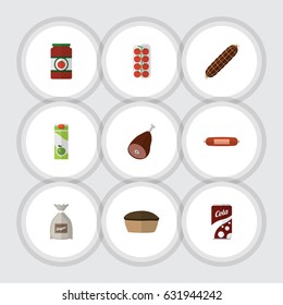 Flat Cooking Set Of Ketchup, Tart, Smoked Sausage And Other Vector Objects. Also Includes Love, Drink, Bag Elements.