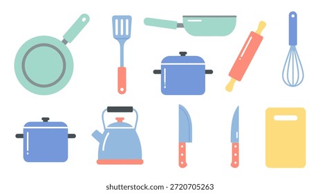 Flat Cooking Utensils Icon Set for Kitchen Tools and Food Preparation