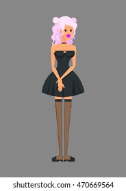 Flat cool vector people detailed cartoon character in casual clothes. Student style isolated. Young sweet elegant cute pastel pink hait gothic fashion woman in black dress