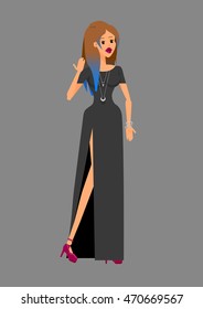 Flat cool vector people detailed cartoon character in casual clothes. Student university elegant fashion style isolated. Young woman in long black chic dress and blue hair ends