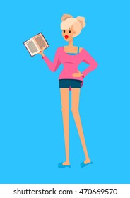 Flat cool vector people detailed cartoon character in casual clothes. Student university style isolated. Young woman with two hair buns with book in hands in pink sweater