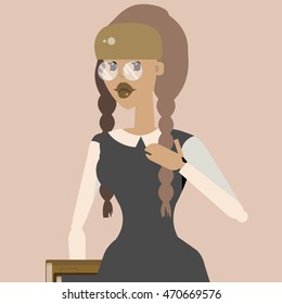 Flat cool vector people detailed cartoon character in casual clothes. University style isolated. Young student woman in glasses  and black dress with books