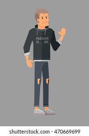 Flat cool vector people detailed cartoon character in casual clothes. Student university gothic style isolated. Young man all in black street fashion style, boy in sweatshirt with text Fashion is me