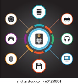 Flat Cooler, Datacenter, Printing Machine And Other Vector Elements. Set Of Laptop Flat Symbols Also Includes Cooler, Megaphone, Earmuff Objects.