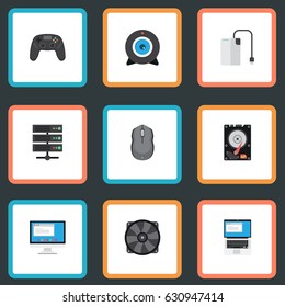 Flat Cooler, Hard Disk, Joystick And Other Vector Elements. Set Of Laptop Flat Symbols Also Includes Camera, Screen, Controller Objects.