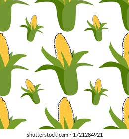 Flat corn seamless background vector illustration. Exotic fruits. Pattern for healthy lifestyle design. Scandinavian style. Vegetarian summer backdrop. Kitchen art. Fresh poster.