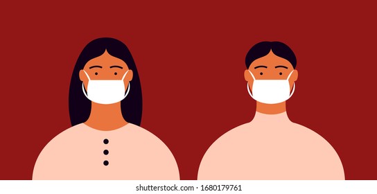 Flat coronavirus quarantine concept. Woman and man in masks to prevent virus Covid-19. People in protective medical mask isolated om purple background. Vector illustration