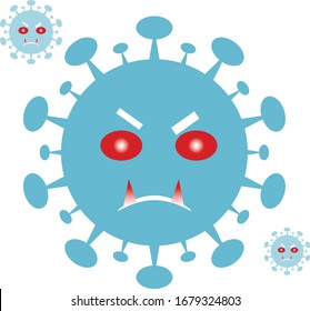 flat coronaviruses or covid19 angry face with teeth in blood and red eye.