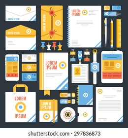 Flat corporate identity template design. White blue and yellow color scheme. Top view. Flat design concepts for web banners, web sites, printed materials, infographics. Creative vector illustration
