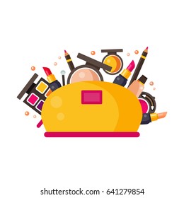 Flat cosmetic accessories set. ?osmetic bag with instruments for professional makeup: blush, lipstick, eyeshadow, highlighter, powder, face tint. Vector flat illustration set.